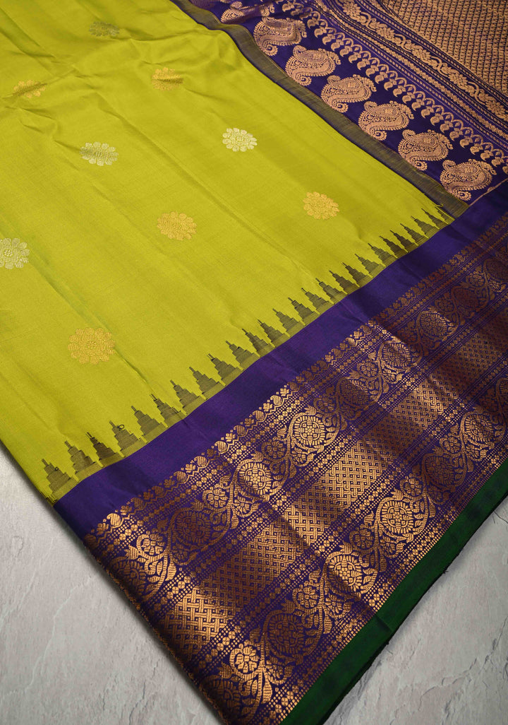 Chartreuse Pure Gadwal Silk Saree with Gold-Silver Buttas and Contrast Zari Border | SILK MARK CERTIFIED