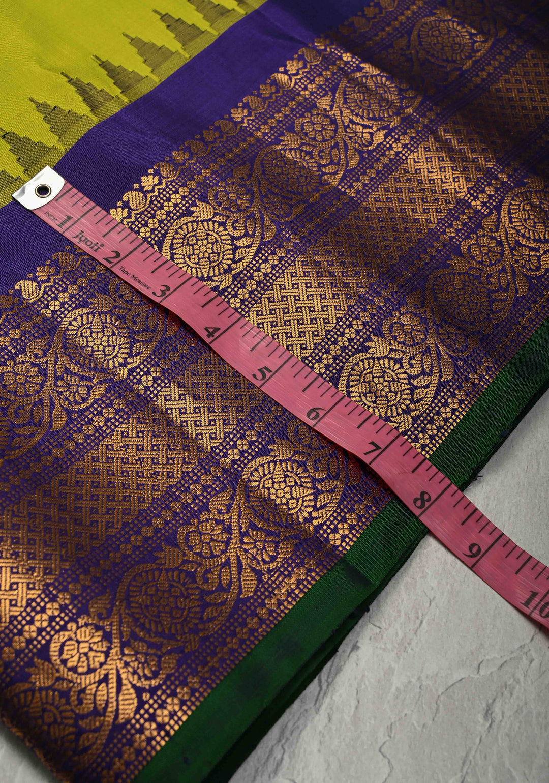Chartreuse Pure Gadwal Silk Saree with Gold-Silver Buttas and Contrast Zari Border | SILK MARK CERTIFIED