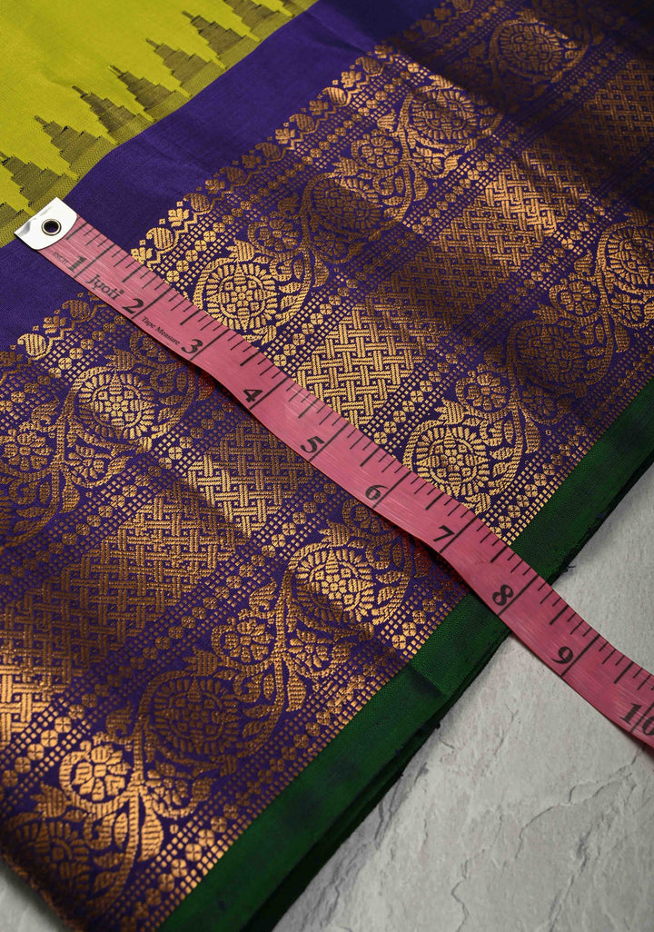 Chartreuse Pure Gadwal Silk Saree with Gold-Silver Buttas and Contrast Zari Border | SILK MARK CERTIFIED