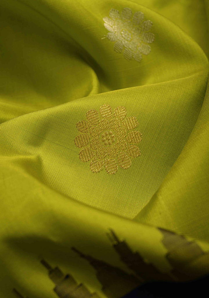 Chartreuse Pure Gadwal Silk Saree with Gold-Silver Buttas and Contrast Zari Border | SILK MARK CERTIFIED