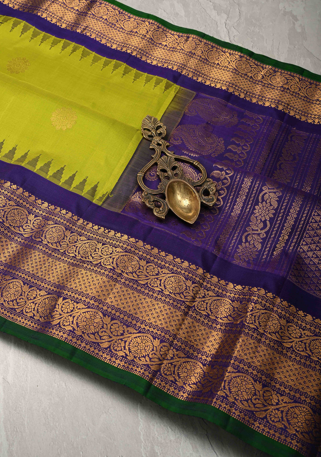 Chartreuse Pure Gadwal Silk Saree with Gold-Silver Buttas and Contrast Zari Border | SILK MARK CERTIFIED