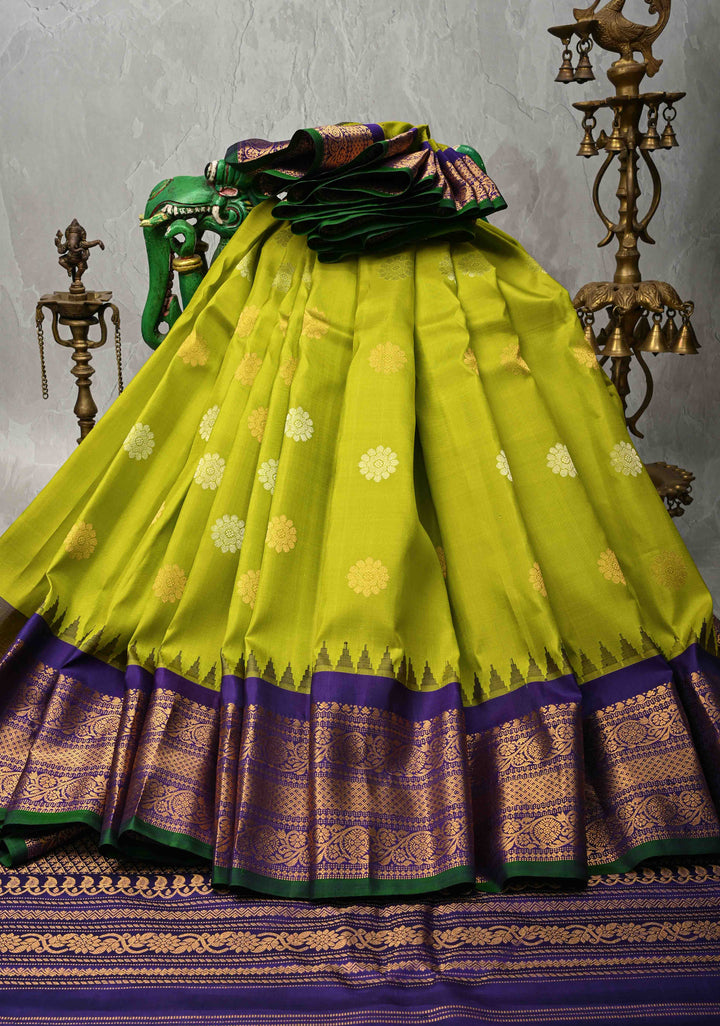 Chartreuse Pure Gadwal Silk Saree with Gold-Silver Buttas and Contrast Zari Border | SILK MARK CERTIFIED