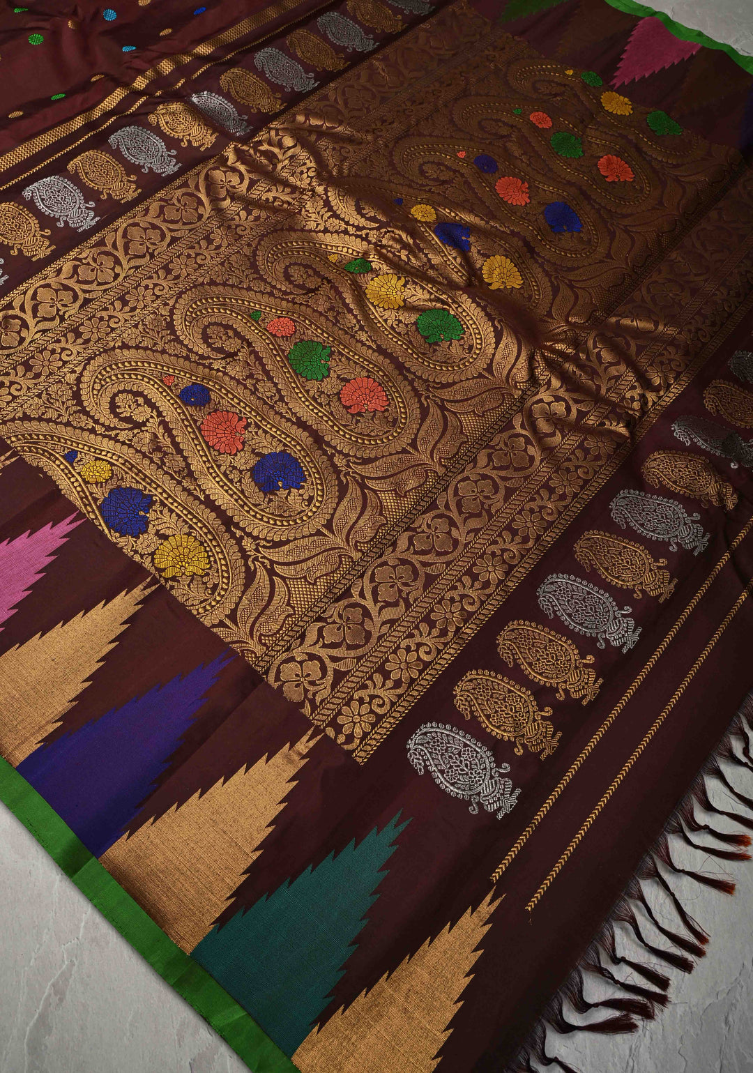 Coco Brown Pure Gadwal Silk Saree with Meenakari Buttas and Multicolor Temple Border | SILK MARK CERTIFIED