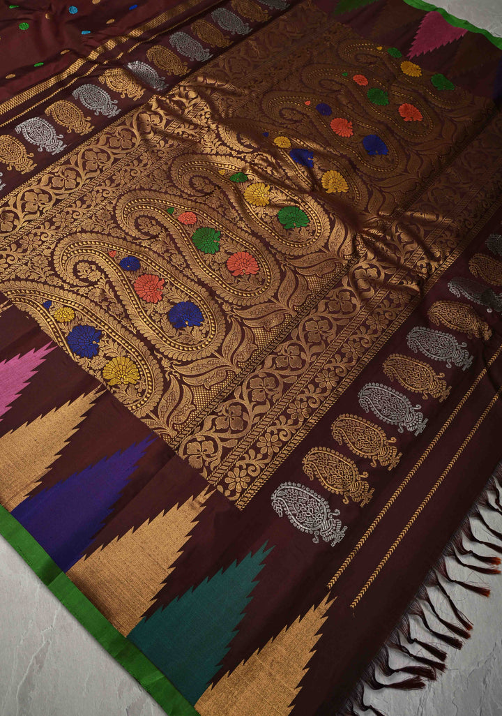 Coco Brown Pure Gadwal Silk Saree with Meenakari Buttas and Multicolor Temple Border | SILK MARK CERTIFIED