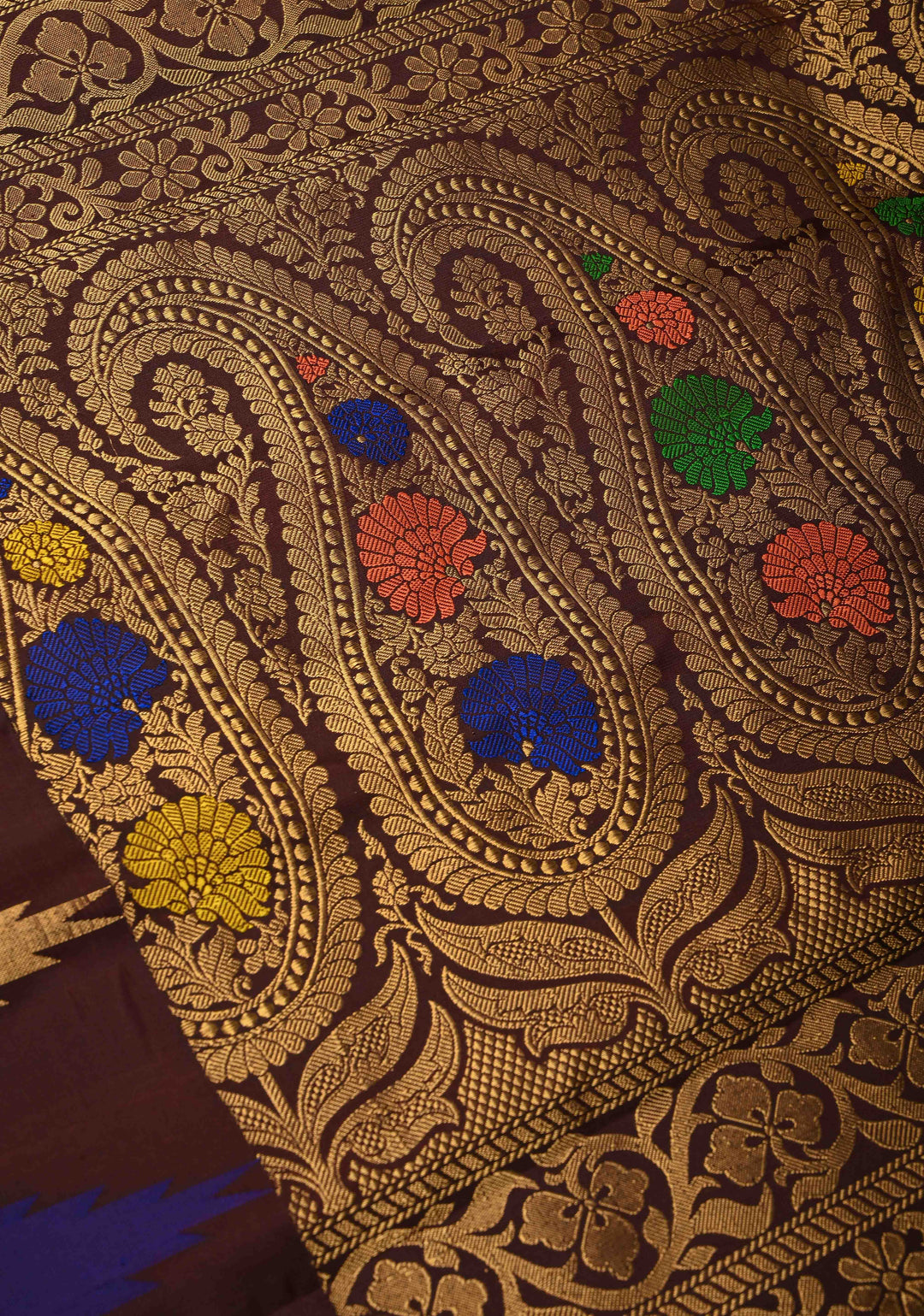 Coco Brown Pure Gadwal Silk Saree with Meenakari Buttas and Multicolor Temple Border | SILK MARK CERTIFIED