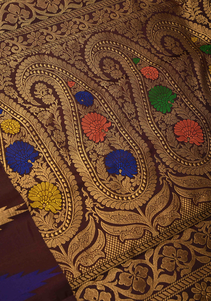 Coco Brown Pure Gadwal Silk Saree with Meenakari Buttas and Multicolor Temple Border | SILK MARK CERTIFIED
