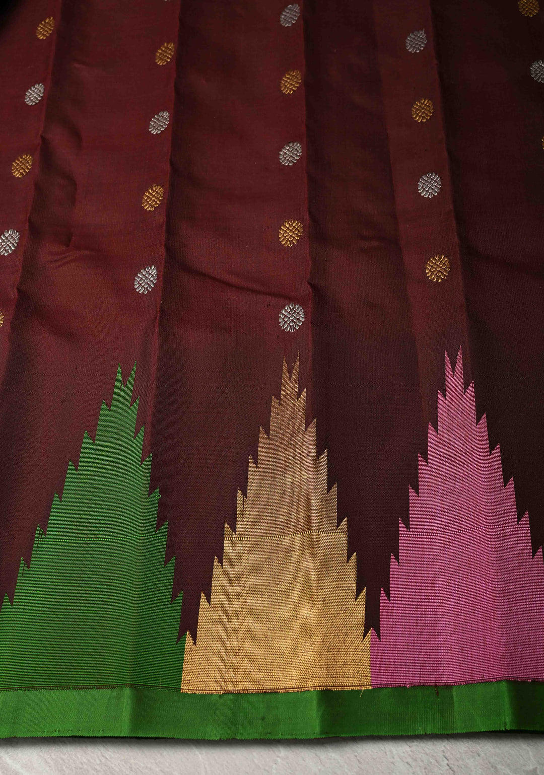 Coco Brown Pure Gadwal Silk Saree with Meenakari Buttas and Multicolor Temple Border | SILK MARK CERTIFIED