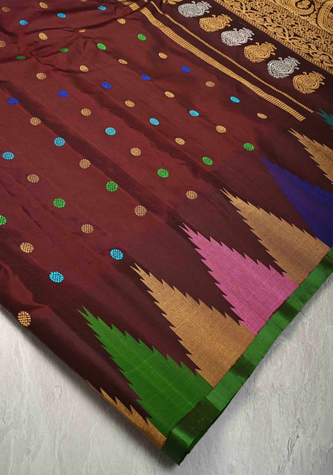 Coco Brown Pure Gadwal Silk Saree with Meenakari Buttas and Multicolor Temple Border | SILK MARK CERTIFIED