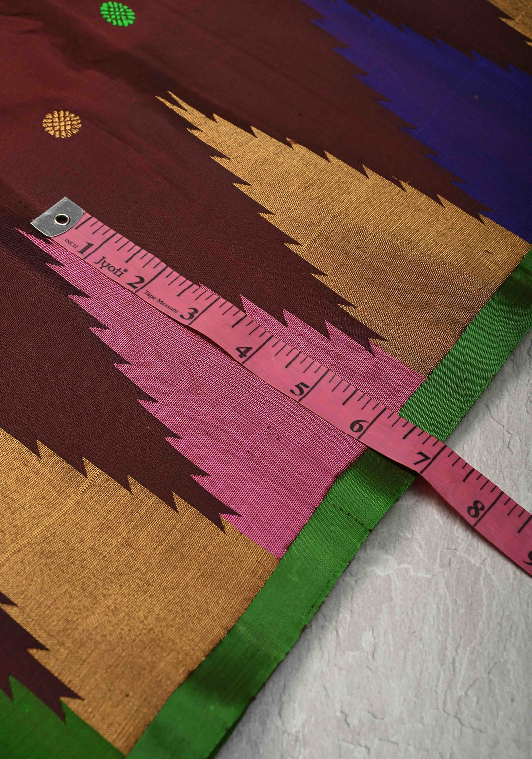 Coco Brown Pure Gadwal Silk Saree with Meenakari Buttas and Multicolor Temple Border | SILK MARK CERTIFIED