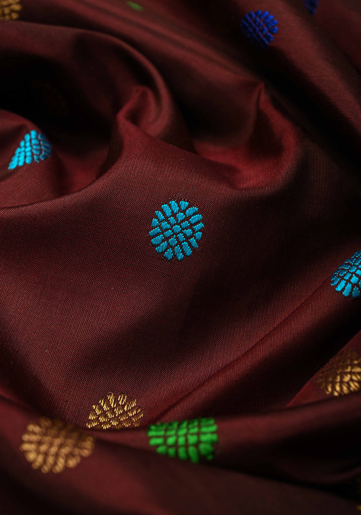 Coco Brown Pure Gadwal Silk Saree with Meenakari Buttas and Multicolor Temple Border | SILK MARK CERTIFIED