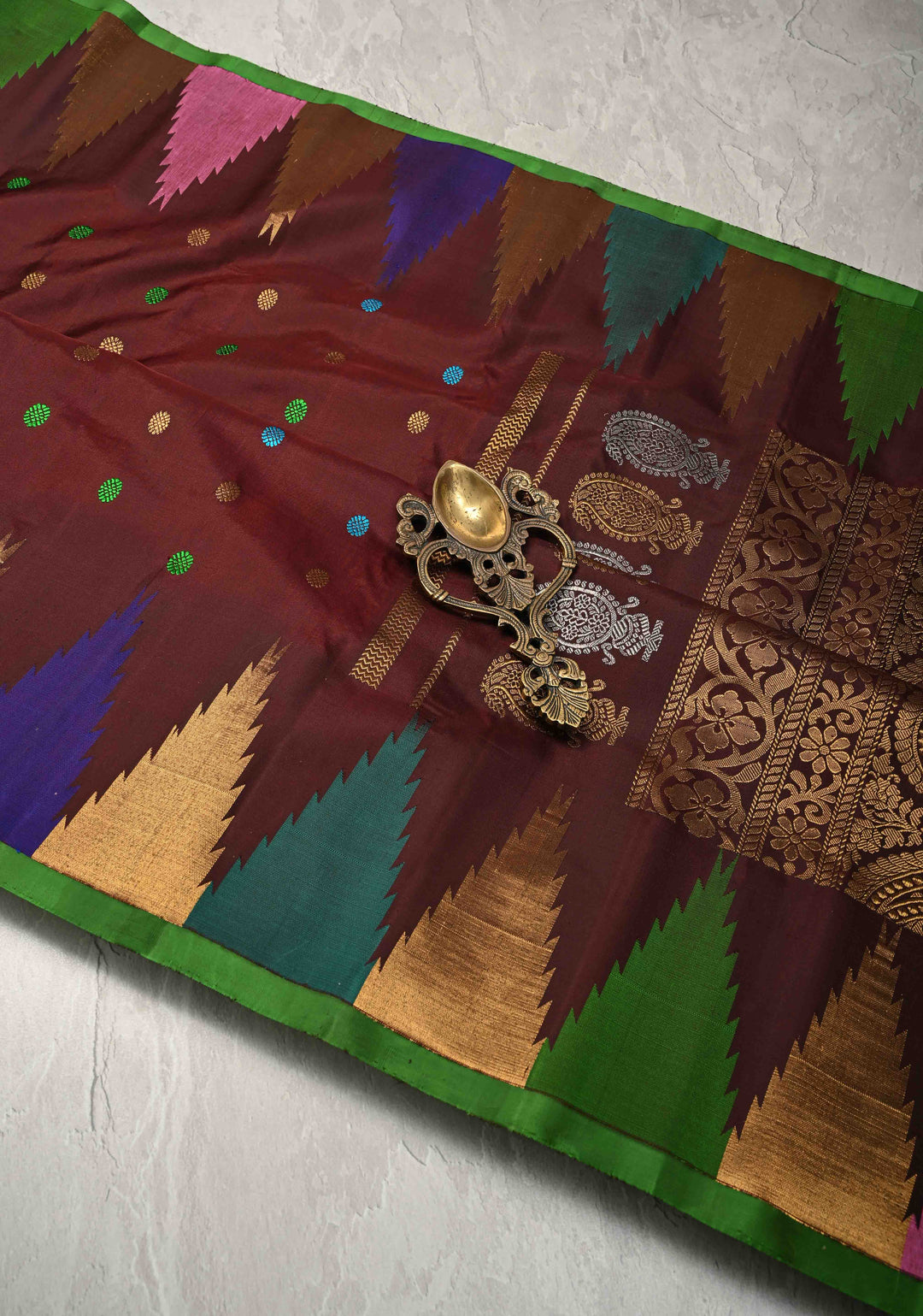 Coco Brown Pure Gadwal Silk Saree with Meenakari Buttas and Multicolor Temple Border | SILK MARK CERTIFIED