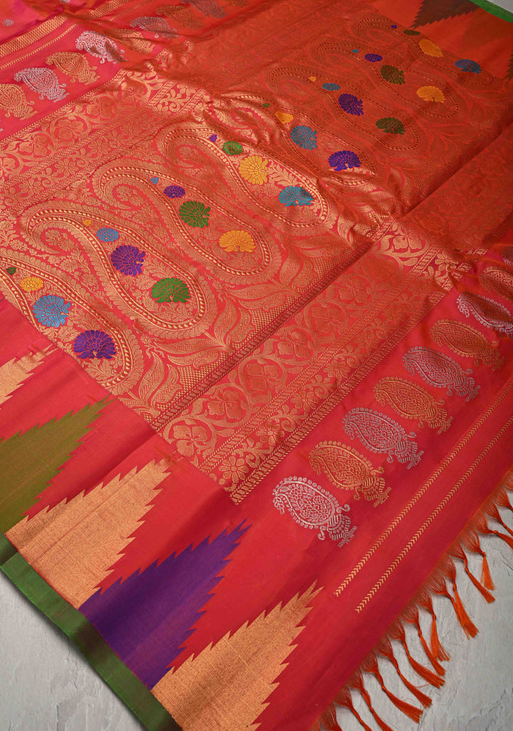 Pink Dual tone Pure Gadwal Silk Saree with Meenakari Buttas and Multicolor Temple Border | SILK MARK CERTIFIED