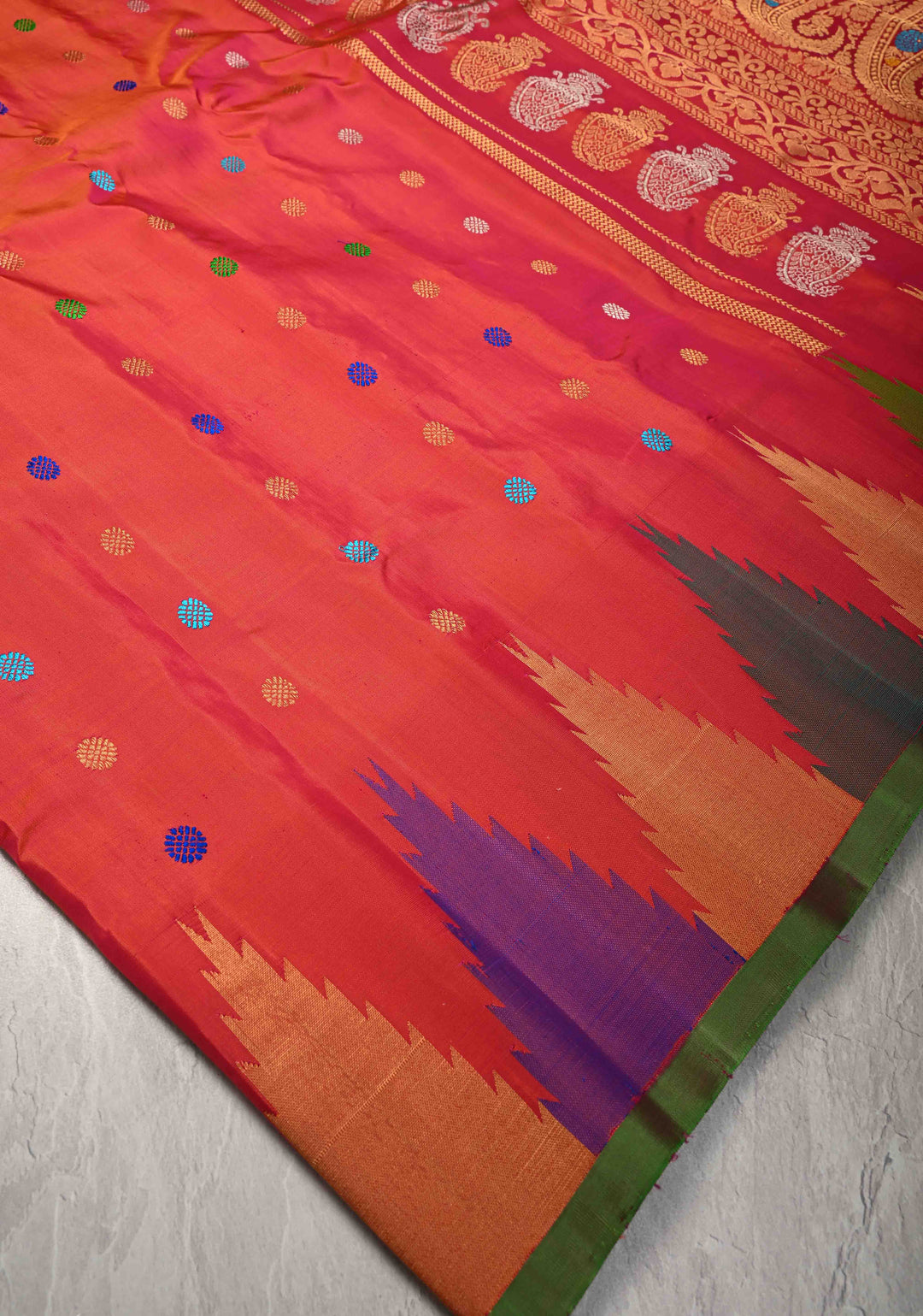 Pink Dual tone Pure Gadwal Silk Saree with Meenakari Buttas and Multicolor Temple Border | SILK MARK CERTIFIED