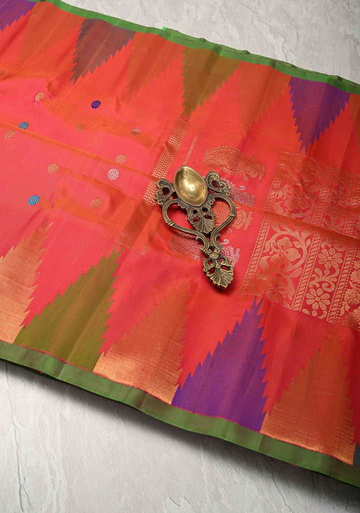 Pink Dual tone Pure Gadwal Silk Saree with Meenakari Buttas and Multicolor Temple Border | SILK MARK CERTIFIED