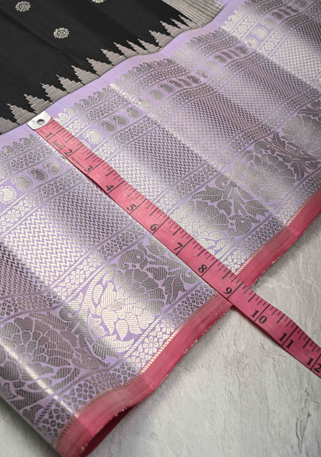 Pure Gadwal Silk Saree in Black with Zari Buttas and Lilac Zari Border | SILK MARK CERTIFIED