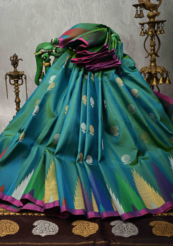 Rama Green Dual tone Pure Gadwal Silk Saree with Gold-Silver Buttas and Multicolor Temple Border | SILK MARK CERTIFIED