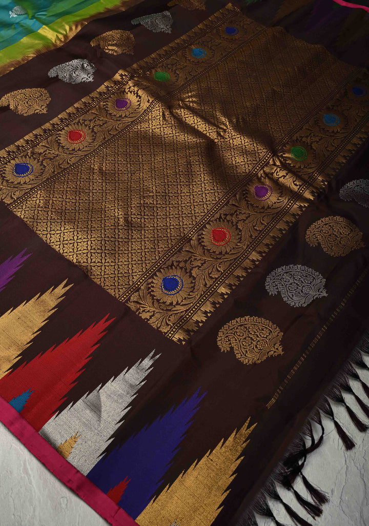 Rama Green Dual tone Pure Gadwal Silk Saree with Gold-Silver Buttas and Multicolor Temple Border | SILK MARK CERTIFIED