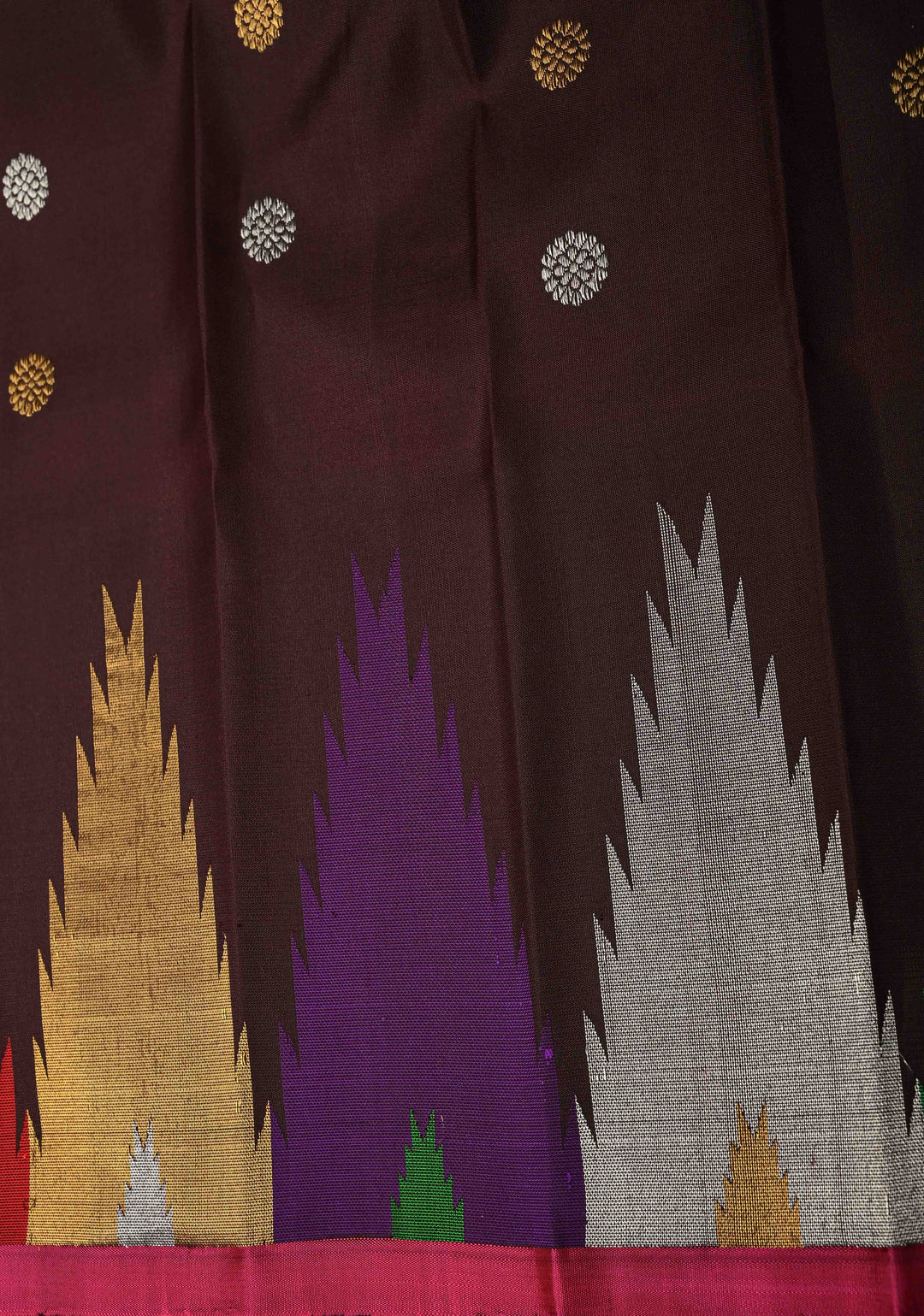 Rama Green Dual tone Pure Gadwal Silk Saree with Gold-Silver Buttas and Multicolor Temple Border | SILK MARK CERTIFIED