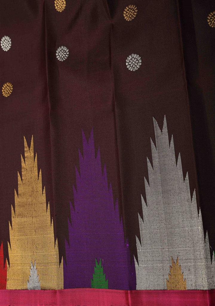 Rama Green Dual tone Pure Gadwal Silk Saree with Gold-Silver Buttas and Multicolor Temple Border | SILK MARK CERTIFIED