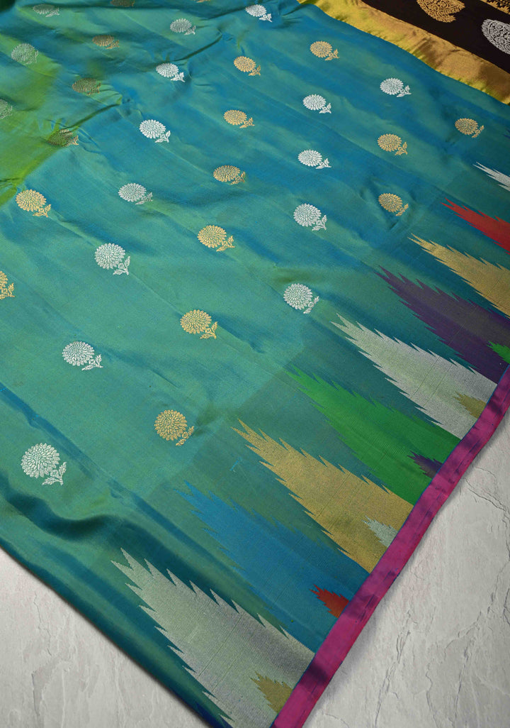 Rama Green Dual tone Pure Gadwal Silk Saree with Gold-Silver Buttas and Multicolor Temple Border | SILK MARK CERTIFIED