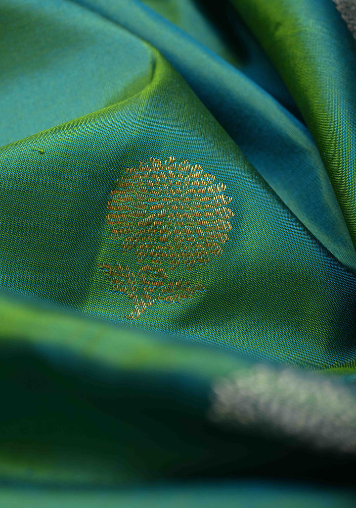 Rama Green Dual tone Pure Gadwal Silk Saree with Gold-Silver Buttas and Multicolor Temple Border | SILK MARK CERTIFIED