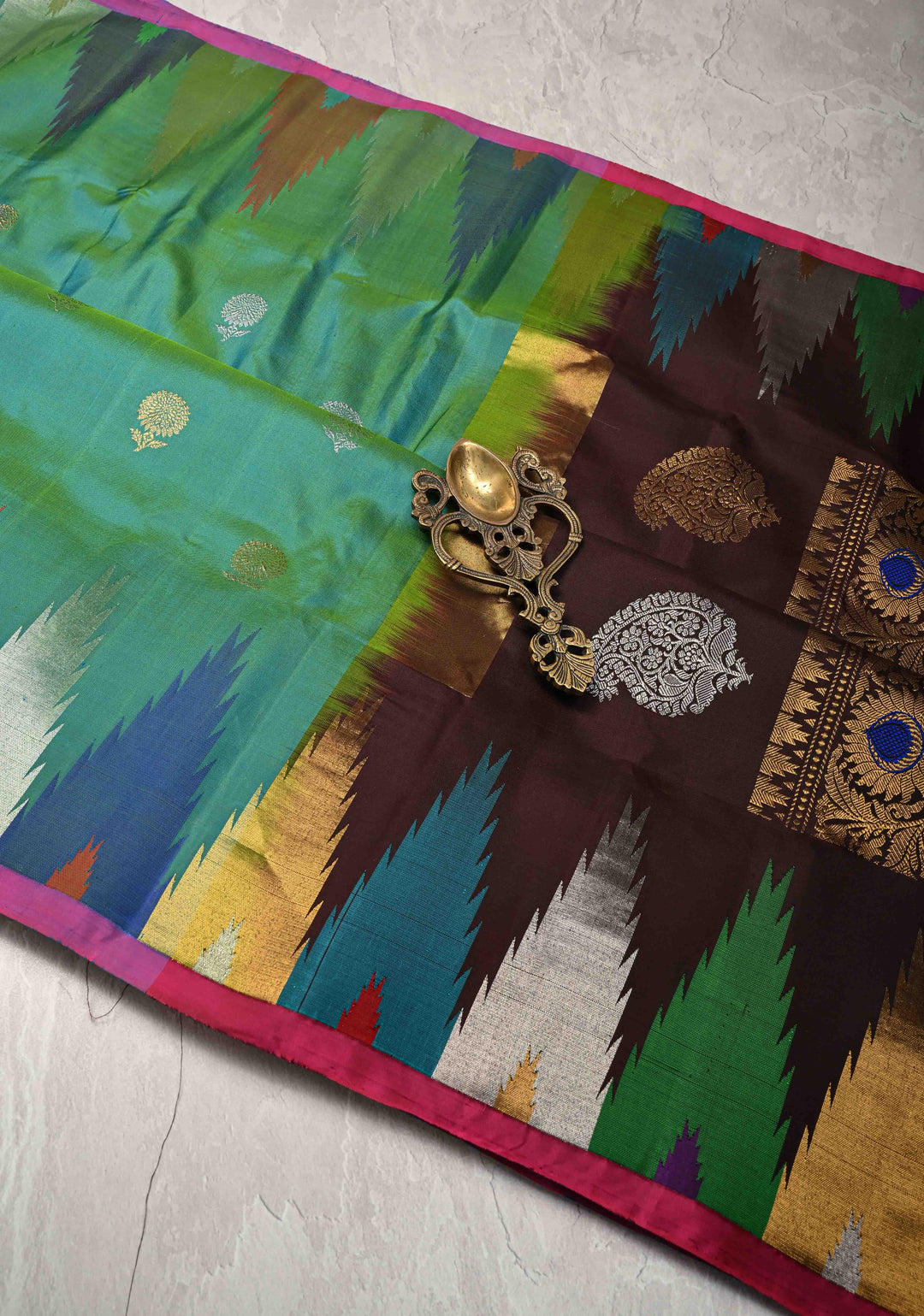 Rama Green Dual tone Pure Gadwal Silk Saree with Gold-Silver Buttas and Multicolor Temple Border | SILK MARK CERTIFIED