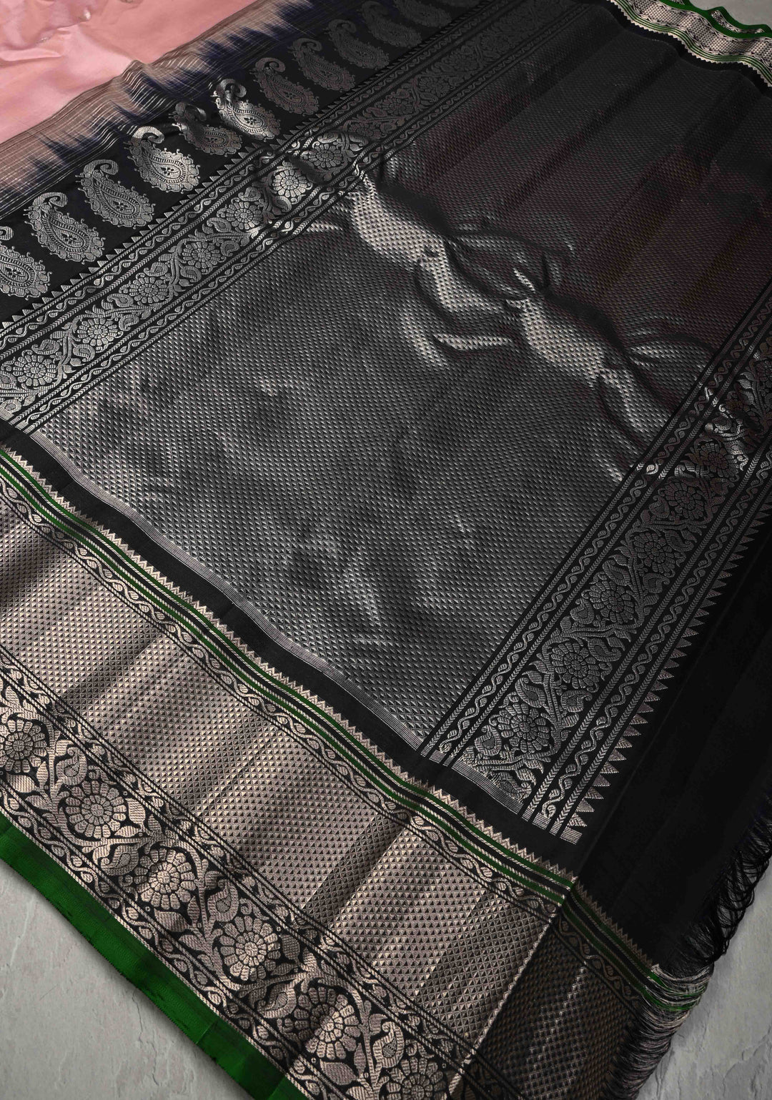 Blush Pink Pure Gadwal Silk Saree with Gold-Silver Buttas and Contrast Zari Border | SILK MARK CERTIFIED