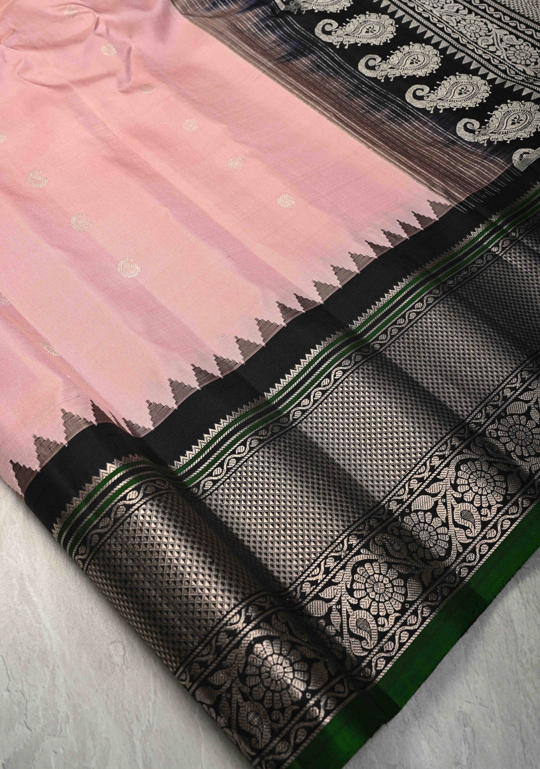 Blush Pink Pure Gadwal Silk Saree with Gold-Silver Buttas and Contrast Zari Border | SILK MARK CERTIFIED