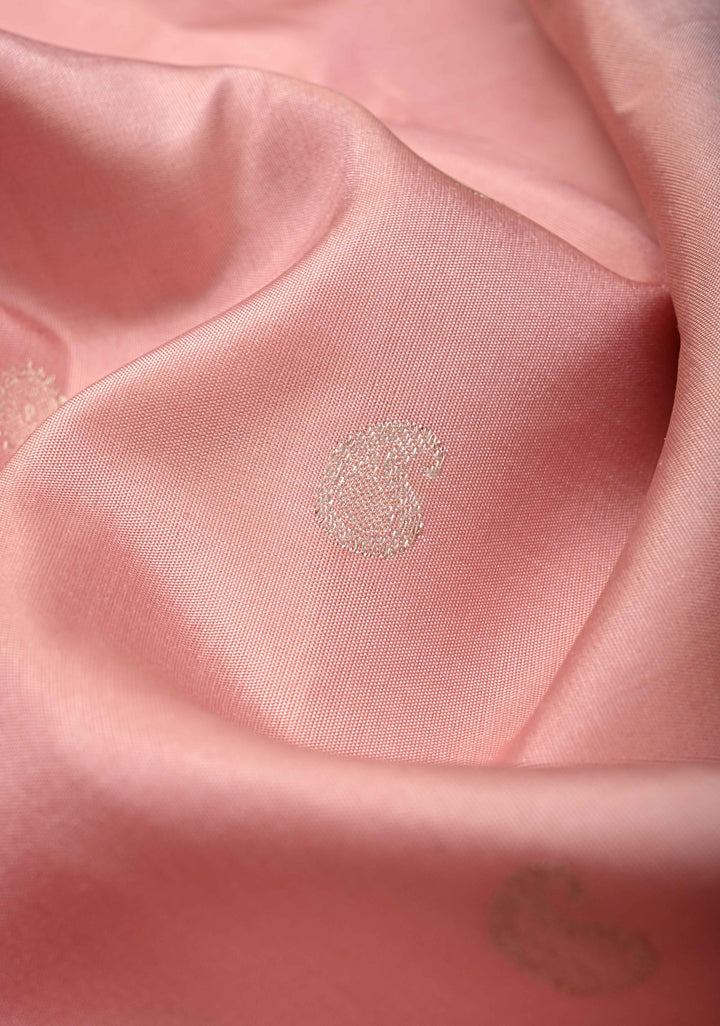 Blush Pink Pure Gadwal Silk Saree with Gold-Silver Buttas and Contrast Zari Border | SILK MARK CERTIFIED