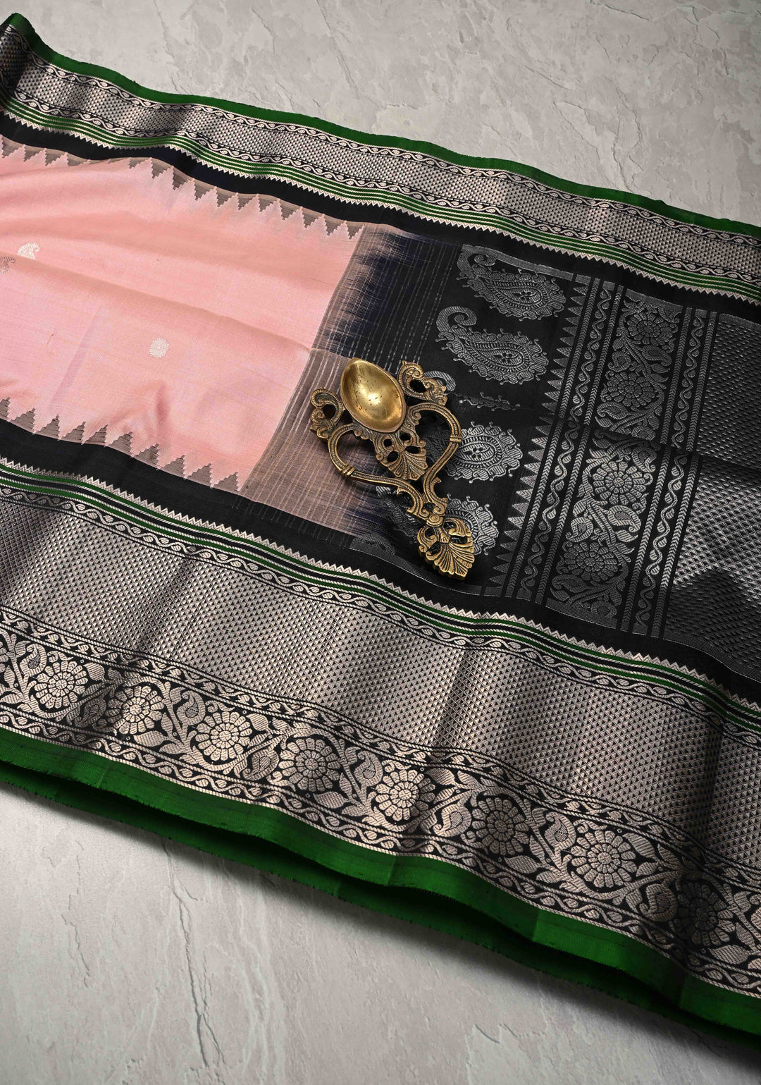 Blush Pink Pure Gadwal Silk Saree with Gold-Silver Buttas and Contrast Zari Border | SILK MARK CERTIFIED