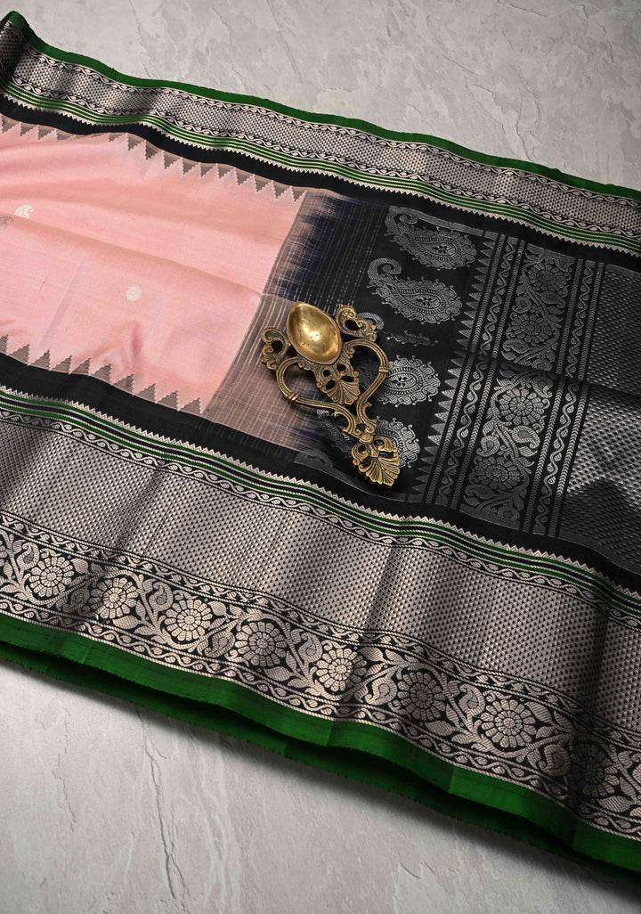 Blush Pink Pure Gadwal Silk Saree with Gold-Silver Buttas and Contrast Zari Border | SILK MARK CERTIFIED