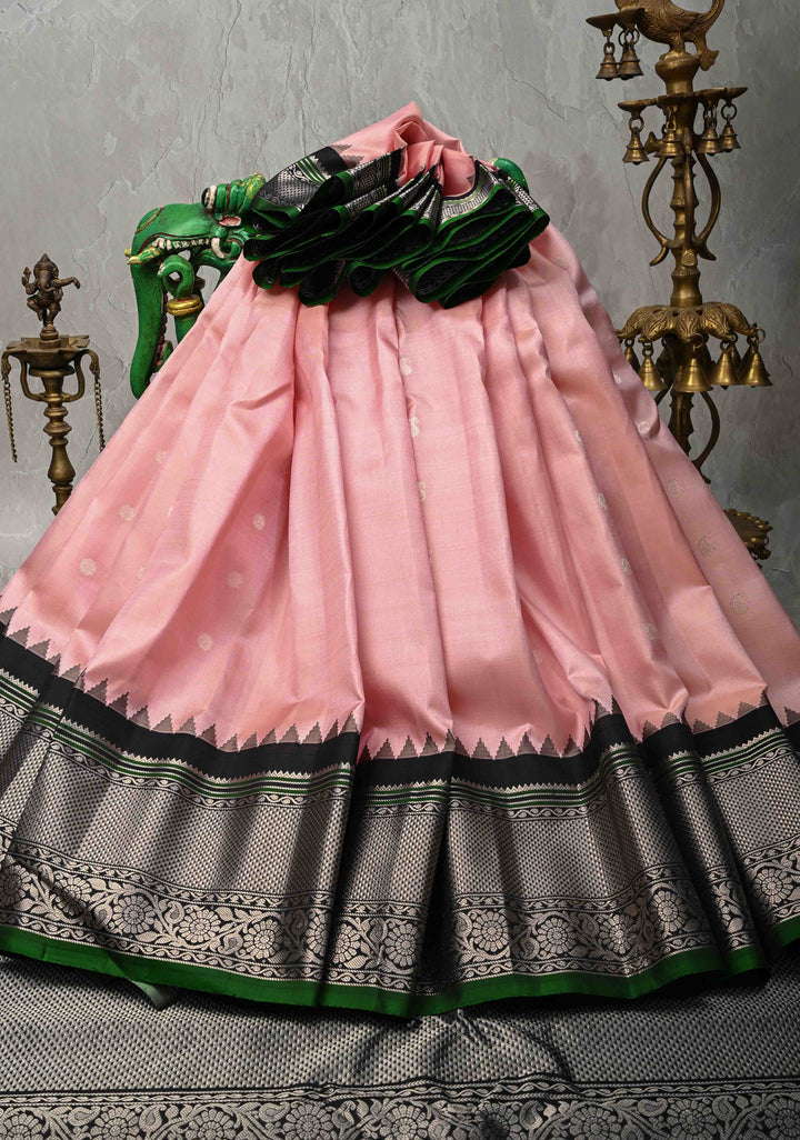 Blush Pink Pure Gadwal Silk Saree with Gold-Silver Buttas and Contrast Zari Border | SILK MARK CERTIFIED