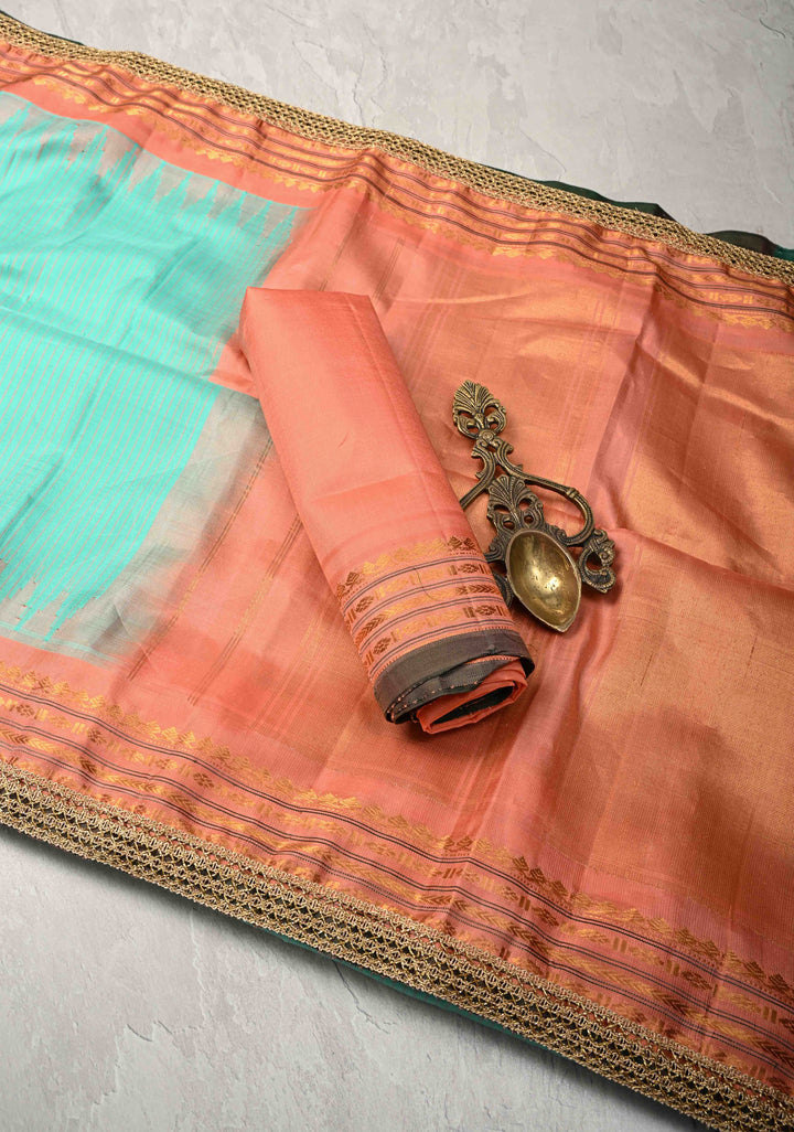 Aqua Green Pure Gadwal Silk Saree with Stripes Pattern and Lace Border | SILK MARK CERTIFIED