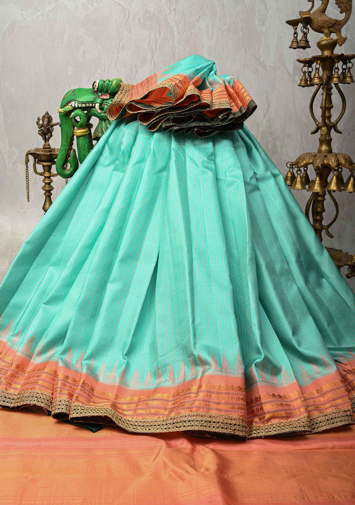 Aqua Green Pure Gadwal Silk Saree with Stripes Pattern and Lace Border | SILK MARK CERTIFIED