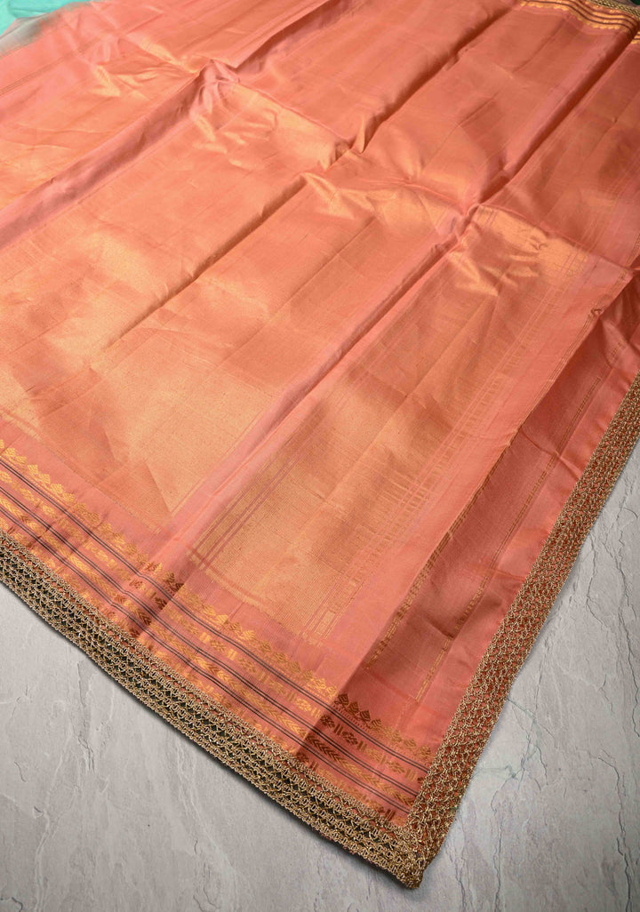 Aqua Green Pure Gadwal Silk Saree with Stripes Pattern and Lace Border | SILK MARK CERTIFIED