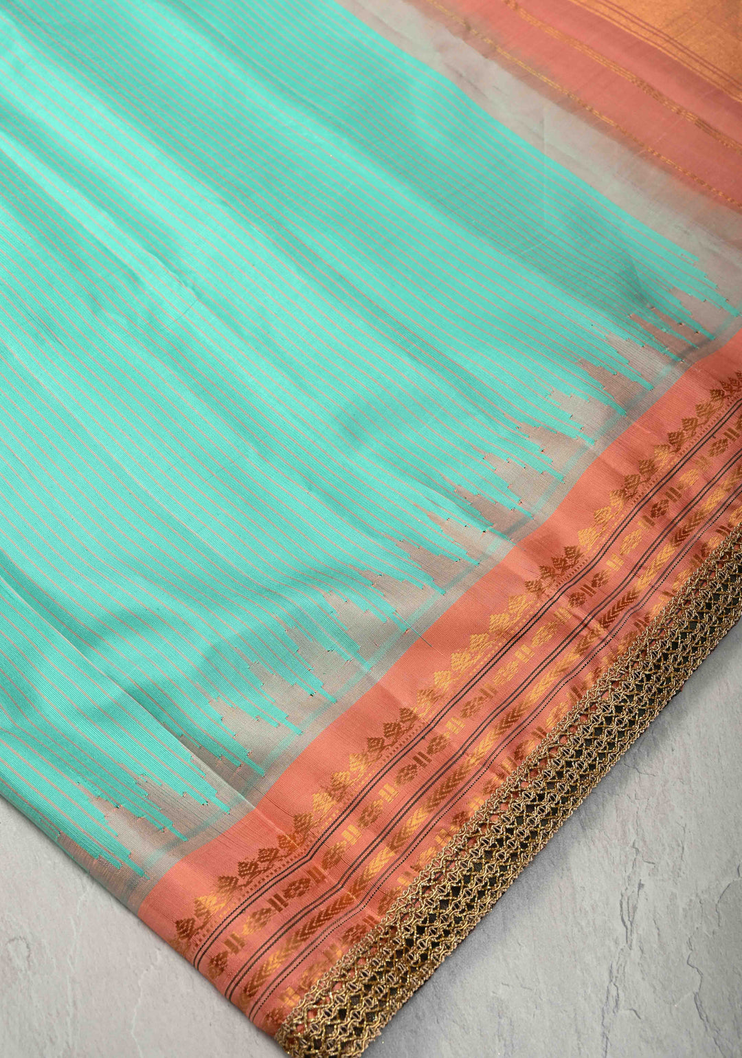 Aqua Green Pure Gadwal Silk Saree with Stripes Pattern and Lace Border | SILK MARK CERTIFIED