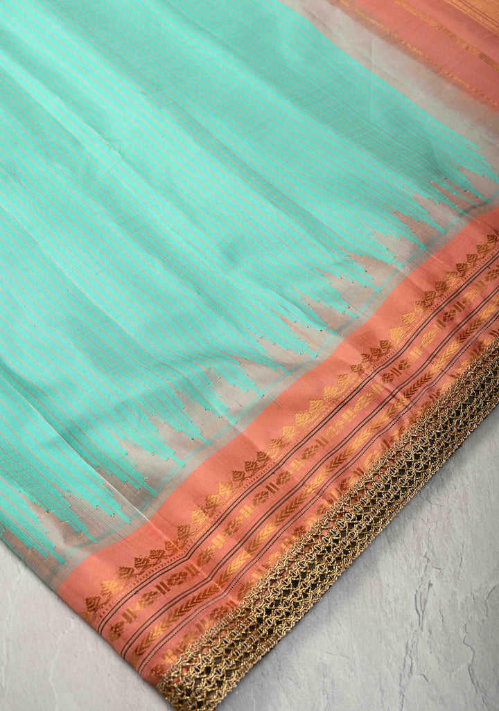 Aqua Green Pure Gadwal Silk Saree with Stripes Pattern and Lace Border | SILK MARK CERTIFIED