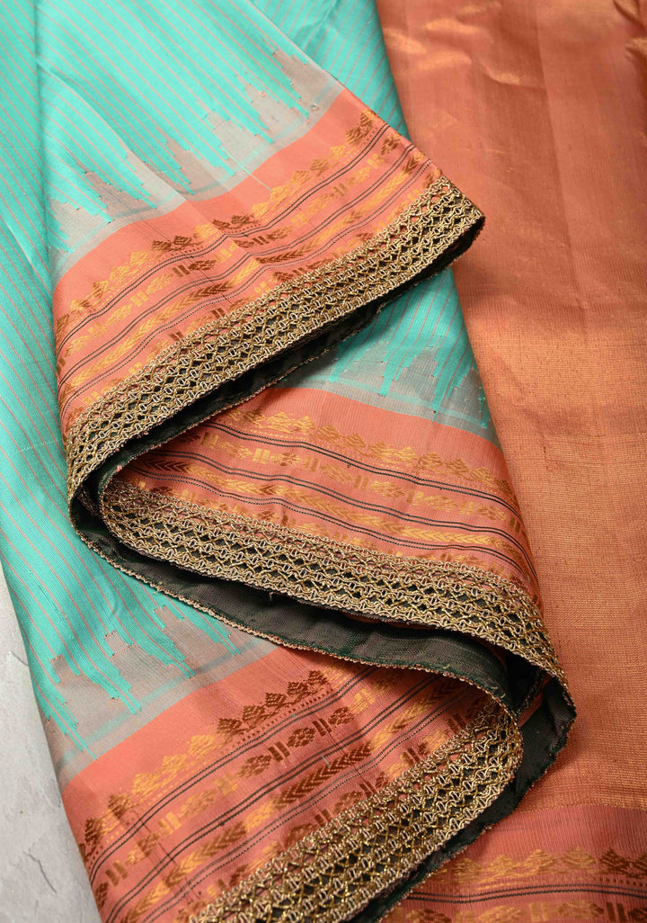 Aqua Green Pure Gadwal Silk Saree with Stripes Pattern and Lace Border | SILK MARK CERTIFIED