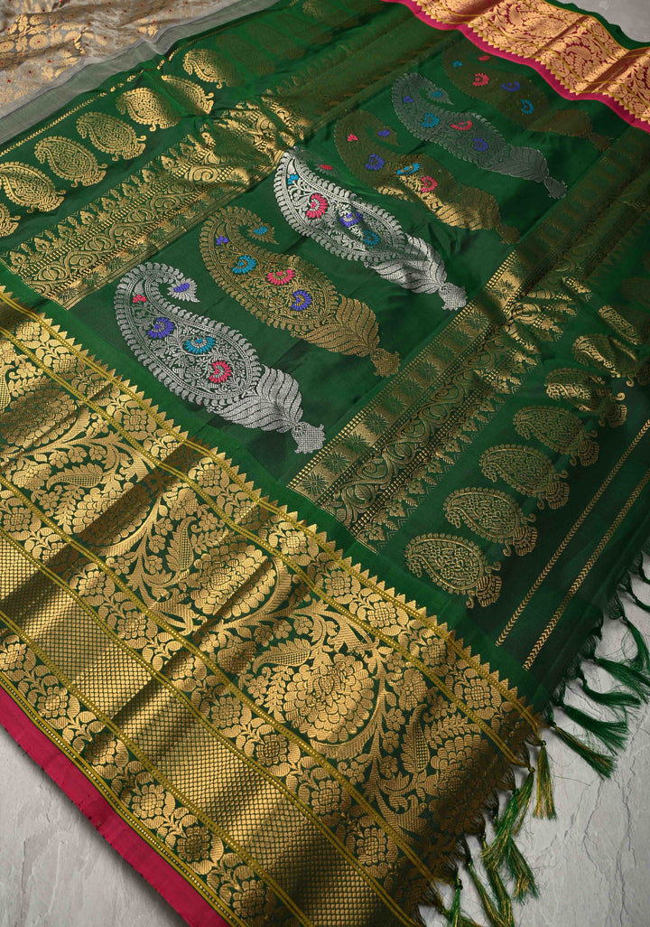 Gray Gadwal Silk Saree with Meenakari Brocade and Ganga Jamuna Border s| SILK MARK CERTIFIED