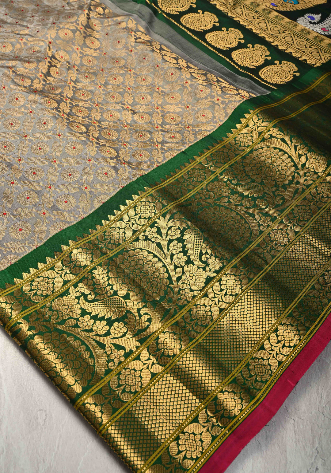 Gray Gadwal Silk Saree with Meenakari Brocade and Ganga Jamuna Border s| SILK MARK CERTIFIED