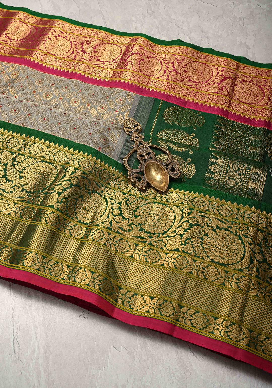 Gray Gadwal Silk Saree with Meenakari Brocade and Ganga Jamuna Border s| SILK MARK CERTIFIED