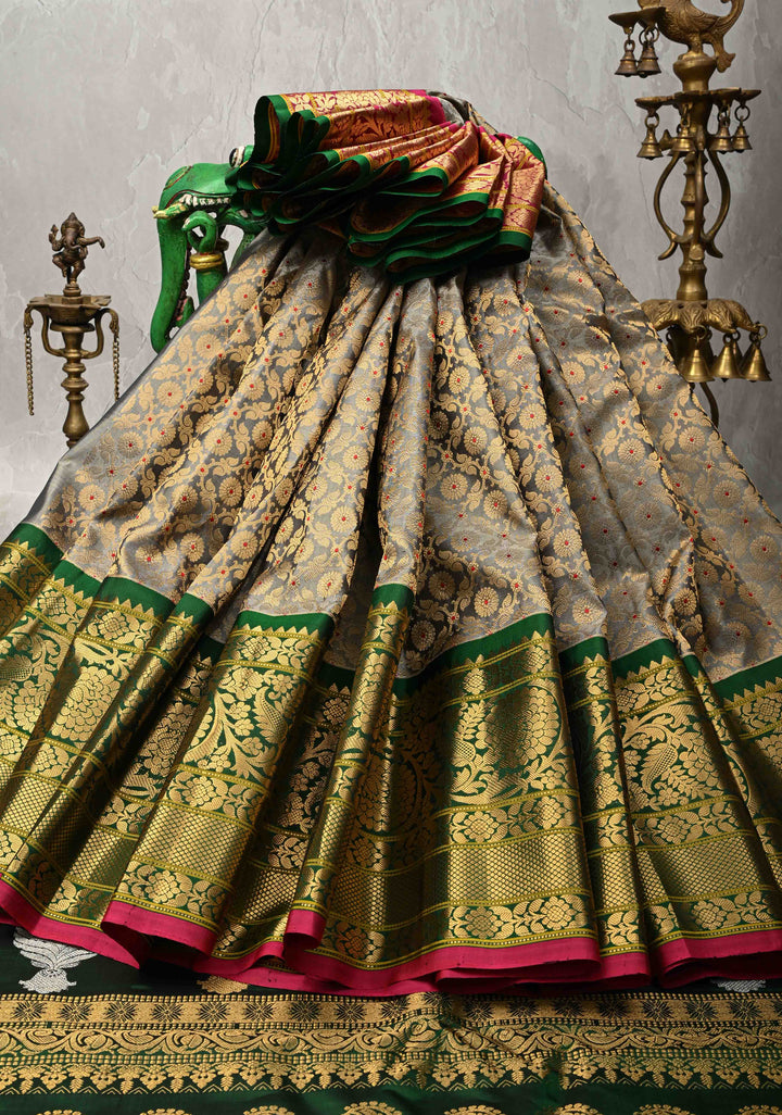Gray Gadwal Silk Saree with Meenakari Brocade and Ganga Jamuna Border s| SILK MARK CERTIFIED