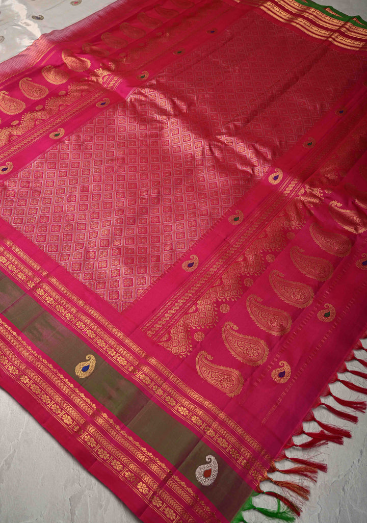 Ivory Pure  Tissue Gadwal Silk Saree with Meenakari Buttas and Zari Border | SILK MARK CERTIFIED