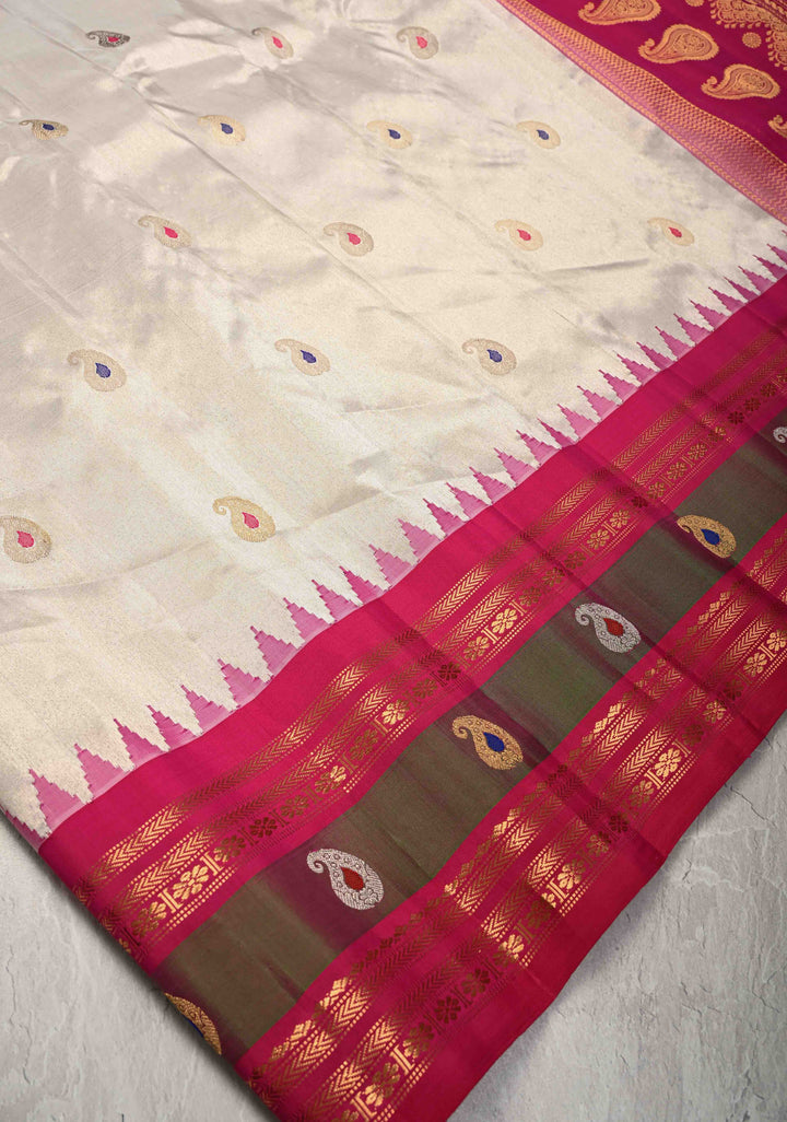 Ivory Pure  Tissue Gadwal Silk Saree with Meenakari Buttas and Zari Border | SILK MARK CERTIFIED
