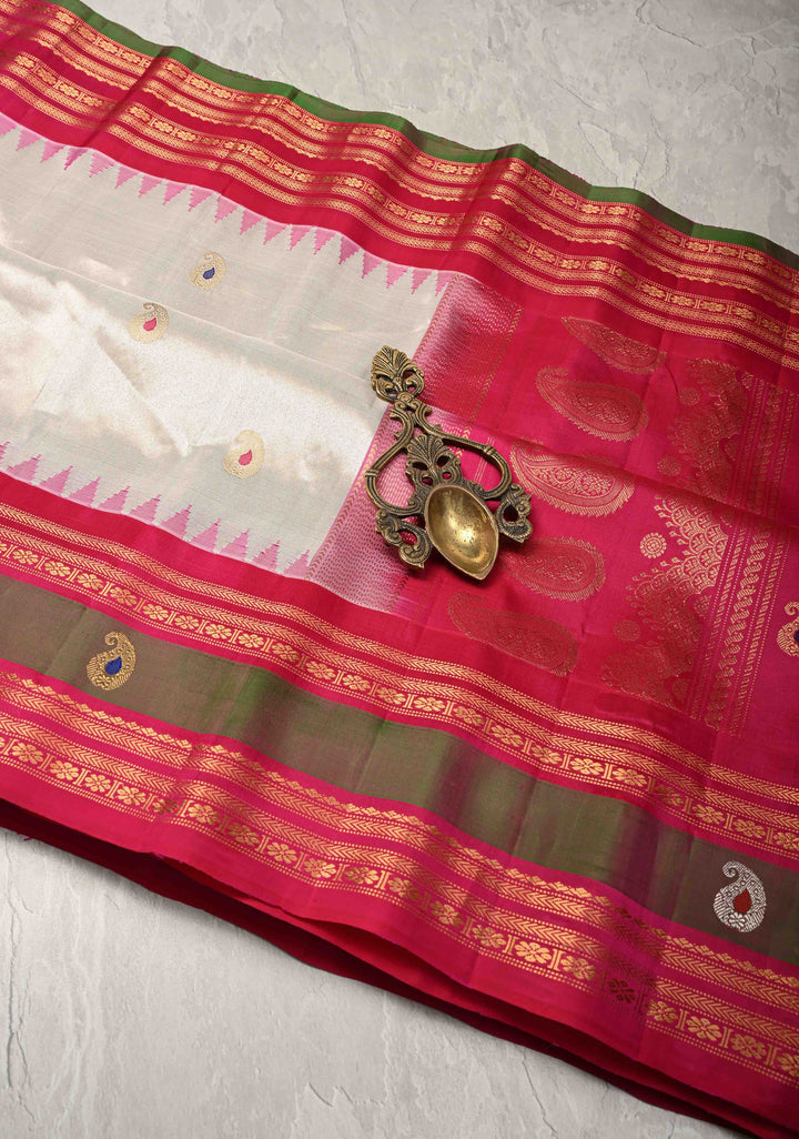 Ivory Pure  Tissue Gadwal Silk Saree with Meenakari Buttas and Zari Border | SILK MARK CERTIFIED