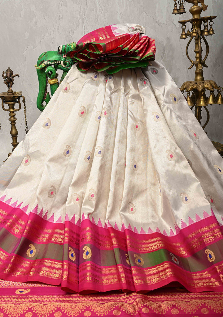 Ivory Pure  Tissue Gadwal Silk Saree with Meenakari Buttas and Zari Border | SILK MARK CERTIFIED