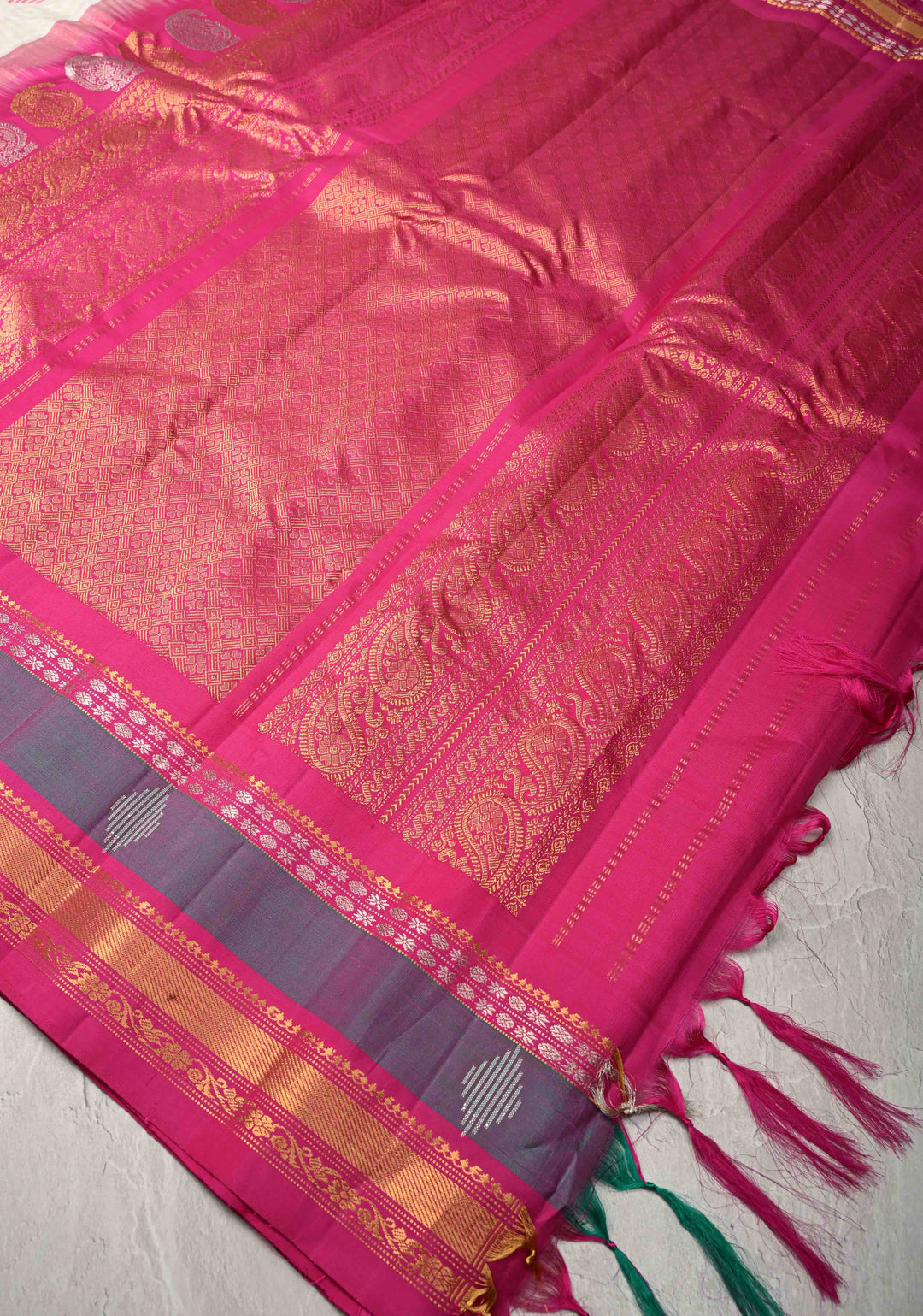 White Checks Pattern on Pure Kora Silk Gadwal Saree with Jamdani Buttas and Contrast Zari Border | SILK MARK CERTIFIED