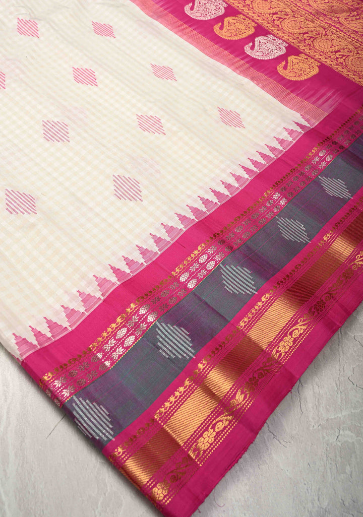 White Checks Pattern on Pure Kora Silk Gadwal Saree with Jamdani Buttas and Contrast Zari Border | SILK MARK CERTIFIED