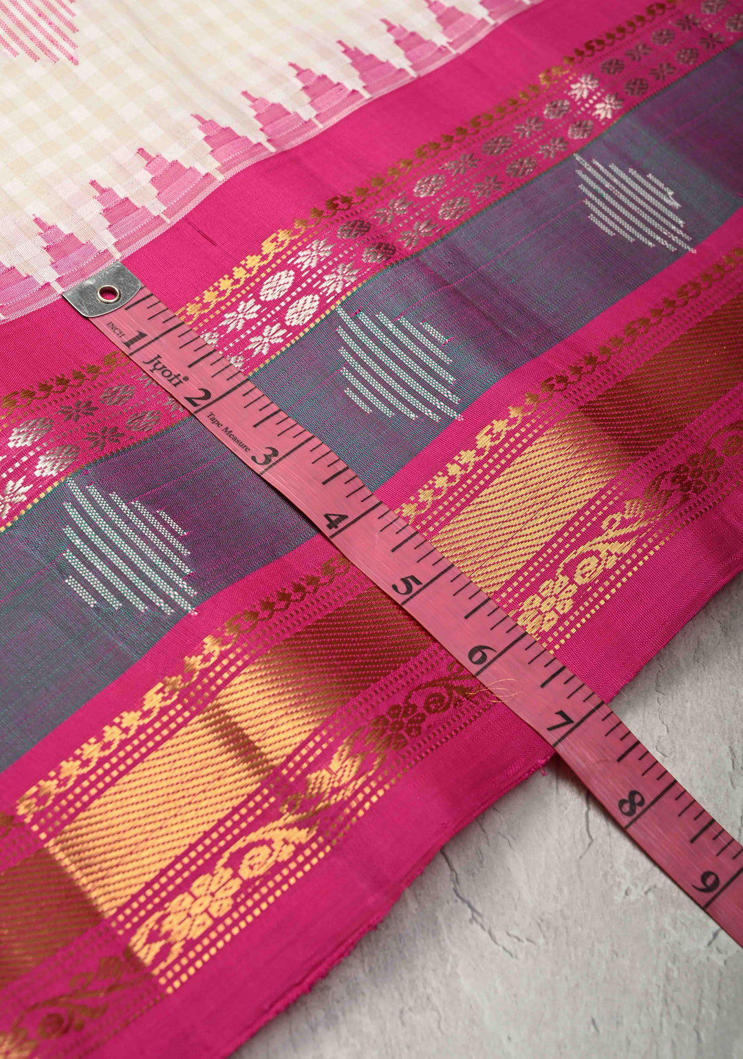 White Checks Pattern on Pure Kora Silk Gadwal Saree with Jamdani Buttas and Contrast Zari Border | SILK MARK CERTIFIED