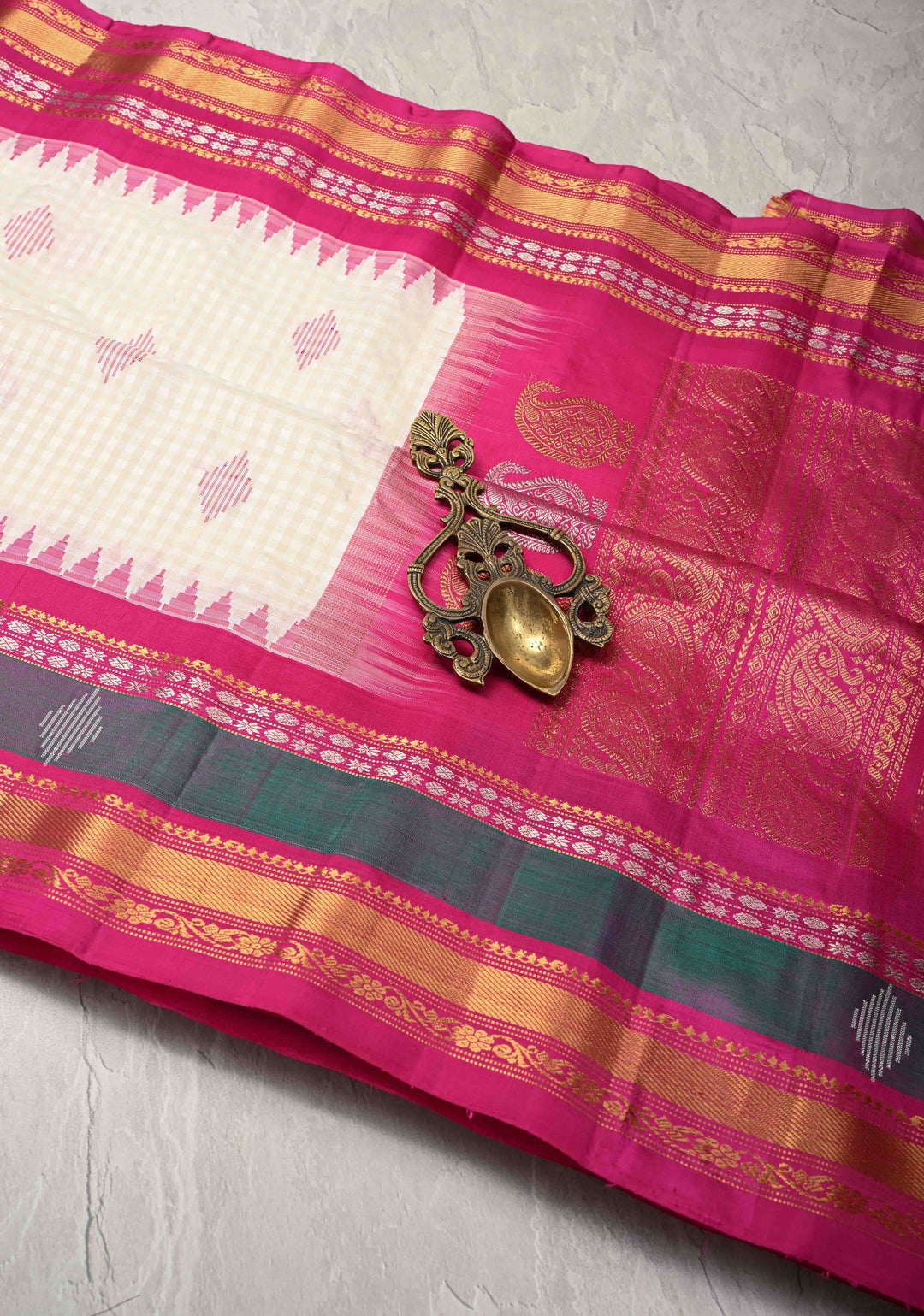 White Checks Pattern on Pure Kora Silk Gadwal Saree with Jamdani Buttas and Contrast Zari Border | SILK MARK CERTIFIED